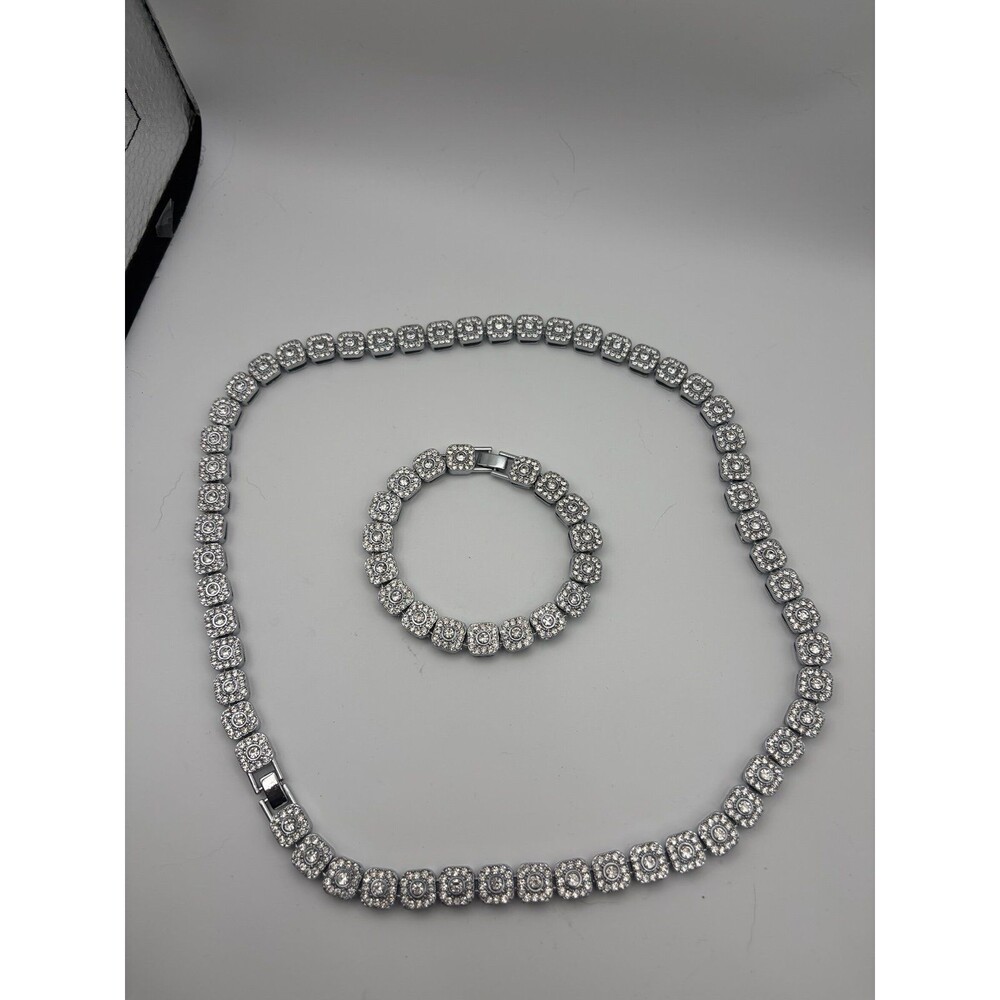 Iced Out Square Link Chain and Bracelet Set - Silver Tone